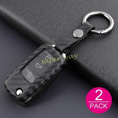 2x Carbon Fiber Car Flip Key Fob Case Cover For VW Beetle Passat Scirocco Eos