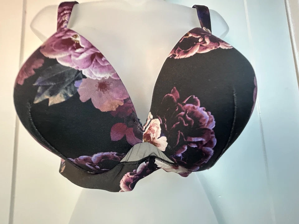Cacique Black Pink Floral Print Smooth Boost Plunge Bra Padded Underwire Sz 38DD - Image 3 of 4