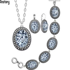 Classic Oval Shell Jewelry Set Antique Silver Plated Necklace Earrings Bracelet 