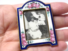 2.25" Antique Pink Floral Blue Enamel Brass Mini Miniature Dollhouse Photo Frame
