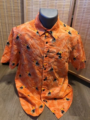 Matix Button Up Shirt 100% Cotton Orange Hawaiian Birds Tucan Large L Cotton 489 - product listing photo