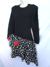 Vtg  Black Ruched Asymmetric Drop Waist Dbl Tier Skirt Flounce Party Dress Bow