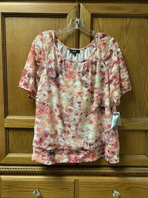 NWT! AGB Women s Pink Lace Floral Print Overlay Blouse Size XL (TAG MARKED)