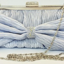 Silver Satin Pleated Bow Clutch Purse with Rhinestone Detail  Chain Strap
