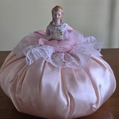 Vintage Victorian Porcelain Half Doll Large Pink Pouf Needle Cushion 7.5'' x 8''