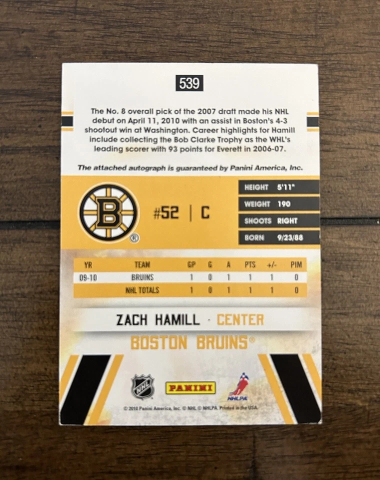 Zach Hamill 2010-11 Panini Score Hot Rookies Auto #539 Bruins Signature - Image 2 of 2