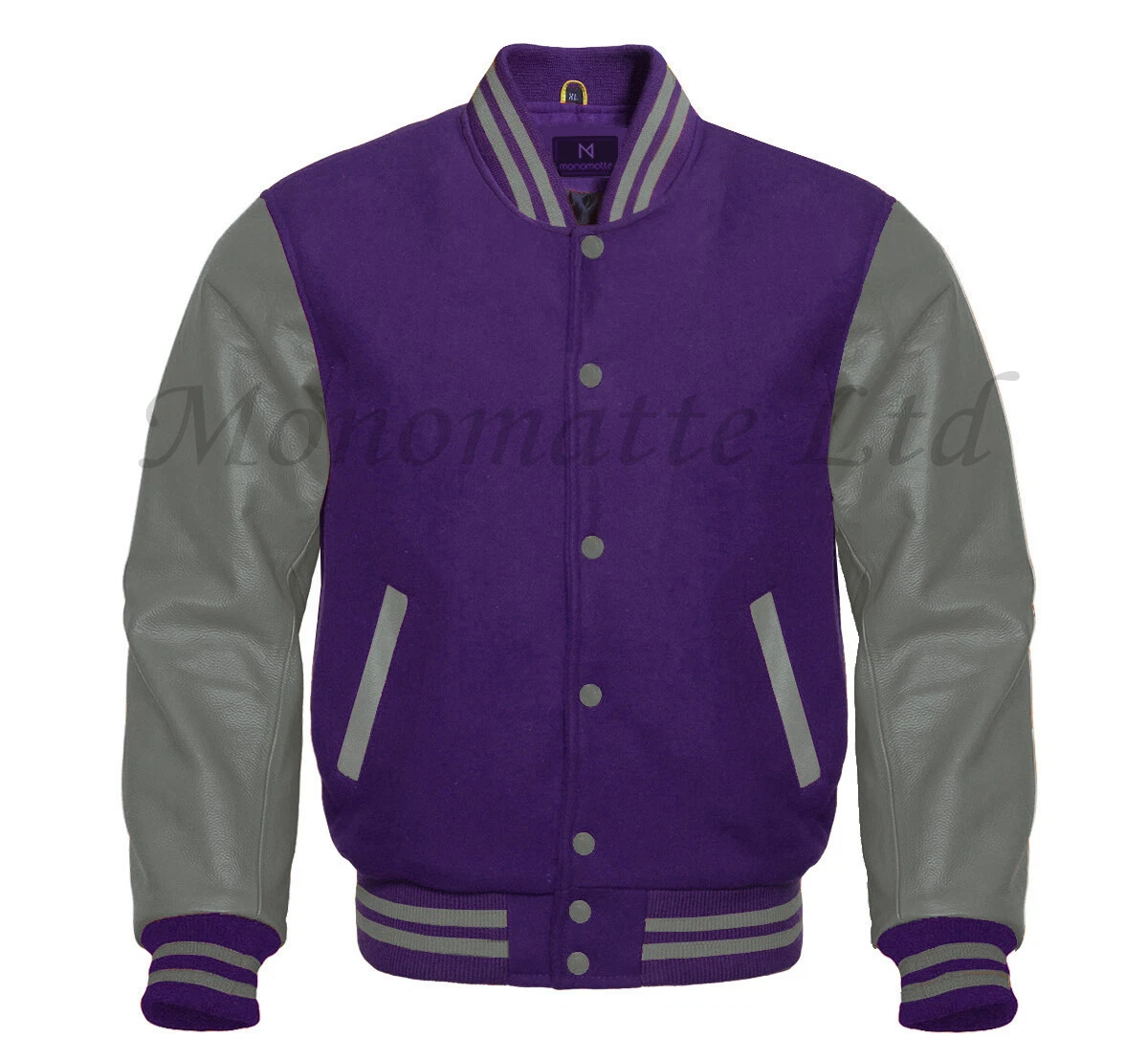 Varsity Letterman bomber Purple wool Genuine Gray Leather Sleeves