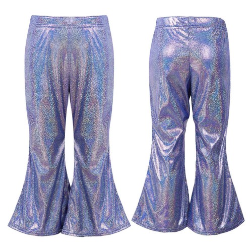 Girl Pant Shiny Metallic Flare Dance Pants Hippie Bell Bottom Wide Leg Dancewear - Picture 36 of 87