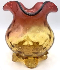 Antique Amberina Glass Vase Ruffle Edge Footed Quilt Pattern 5.25"