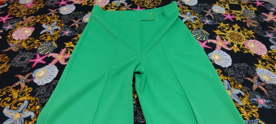 Calça discoteca verde neon década de 1970 quadris largos pernas largas poliéster cintura 37 costura interna 29 - Imagem 4 de 4