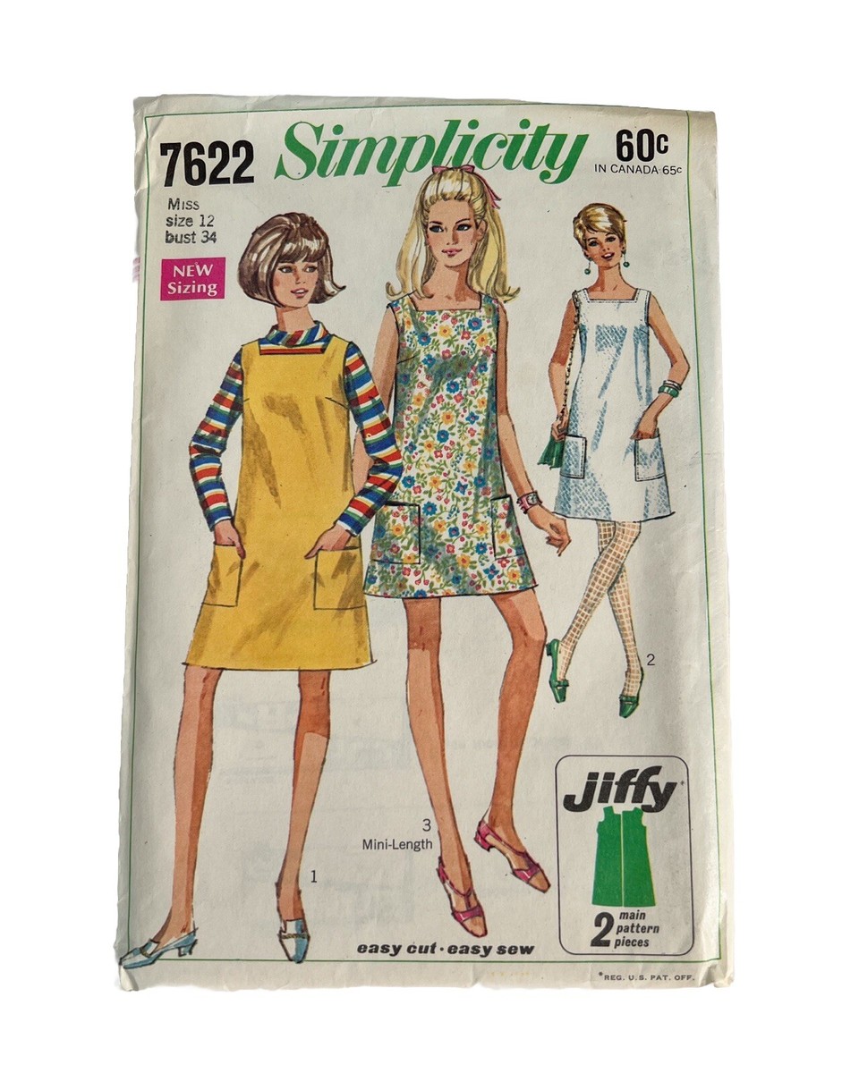Vintage 1960s Simplicity 7622 Sewing Pattern Jumper Mini Dress Sz 12 Bust  34 Cut | eBay