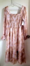Nine West Women's Sz L Midi Dress Champagne Gold Thread Shirred Bodice Flounced 