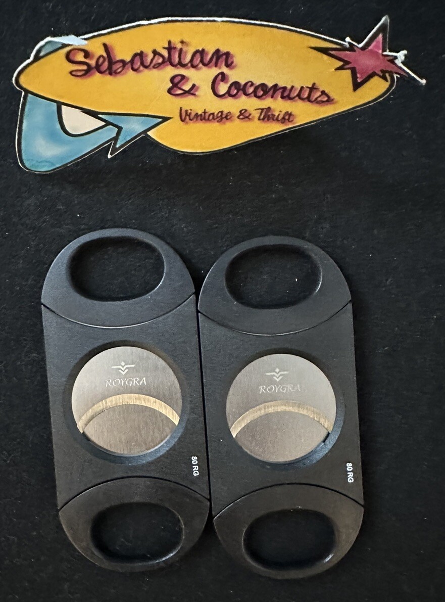 Lot of 2 Roygra Black Plastic Cigar Cutter Snips Stainless Steel Double Blade