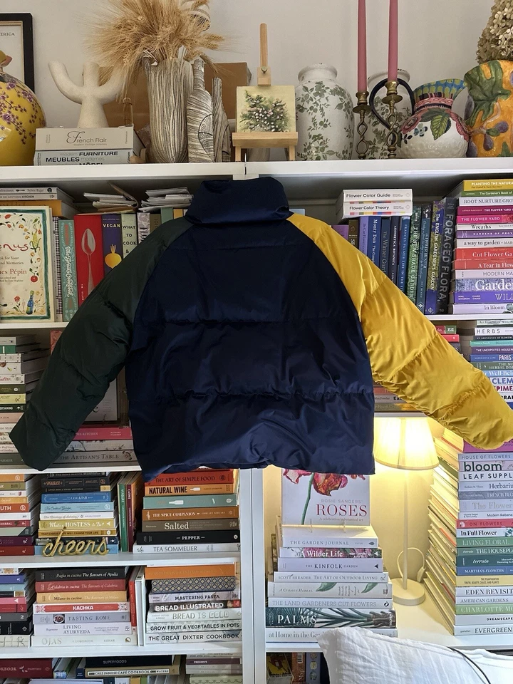 TORY BURCH REVERSIBLE COLOR-BLOCKED DOWN JACKET IN TORY NAVY/GOLD CREST SIZE XL - Image 2 of 4