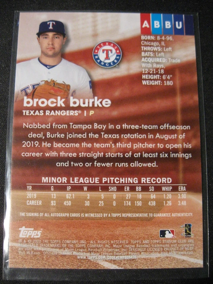 BROCK BURKE 2020 Topps Stadium Club Autographs #ABBU Texas Rangers MINT RC - Image 2 of 2