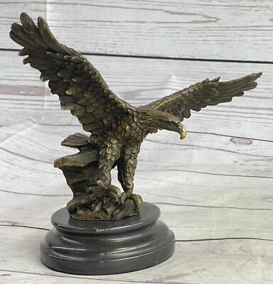 Landing Eagle Wings Spread Bronze Statue Sculpture Signed Original Marble Base