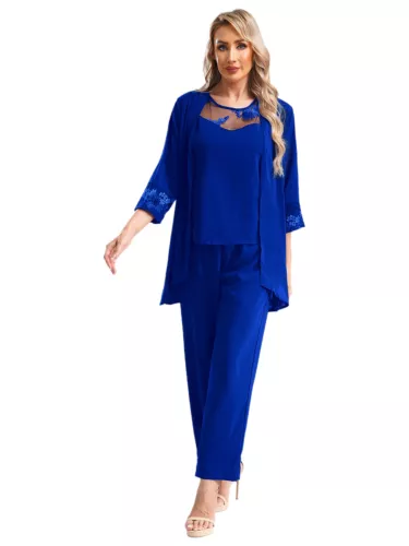 Womens 3 Piece Chiffon Pant Suits Tank Top Cardigan and Pants Evening Outfits - Picture 69 of 95