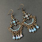 Vintage Chandelier Earrings Brass Tone Iridescent Blue Rhinestone Boho Festival