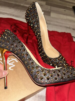 Christian Louboutin Follies Spikes 100 Glitter Heels Black/gold