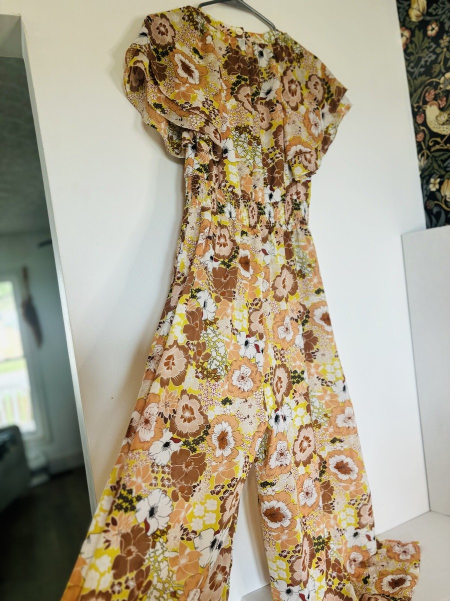 NWT Melloday Women’s Floral One Piece Jumpsuit Wide Leg Sz S Flutter Sleeves