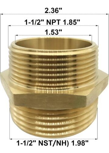 1-1/2" NPT Male x 1-1/2" NST (NH) Male Brass Hexagonal Nipple Fitting Fire Eq...