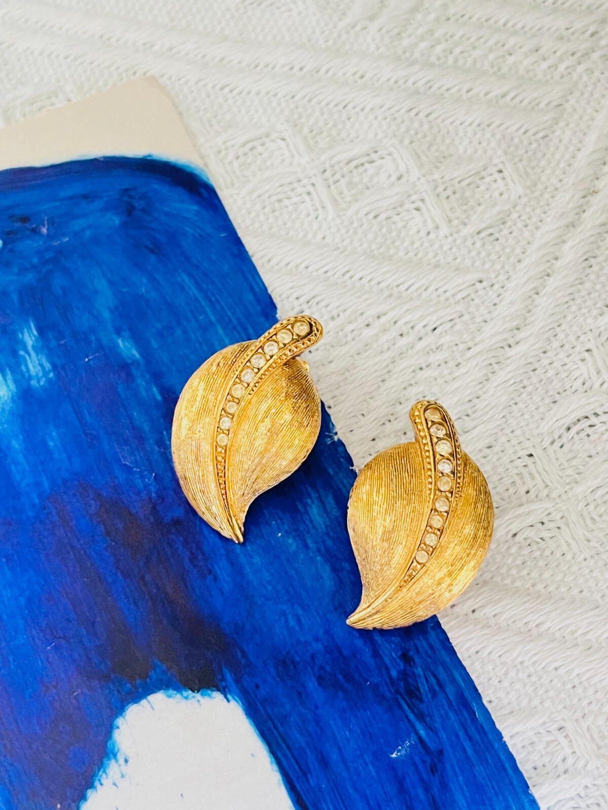 FILA Christian Dior 1980s Vintage Large Vivid Wavy Leaf Row Crystals Chunky Earrings