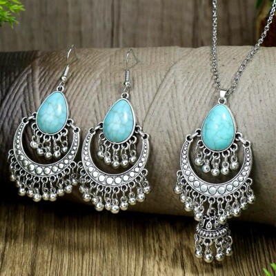 Neu versilbert türkis Chandbali Quaste Ohrring Anhänger Halskette Set * UK