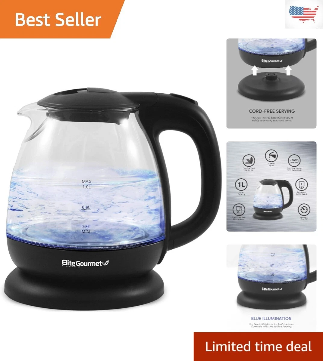 Elite Gourmet 1-liter Electric Glass Water Kettle, Black