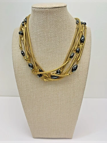 Vintage Monet Gold Tone Multi-Strand Necklace w/ Hematite Beads Costume Jewelry
