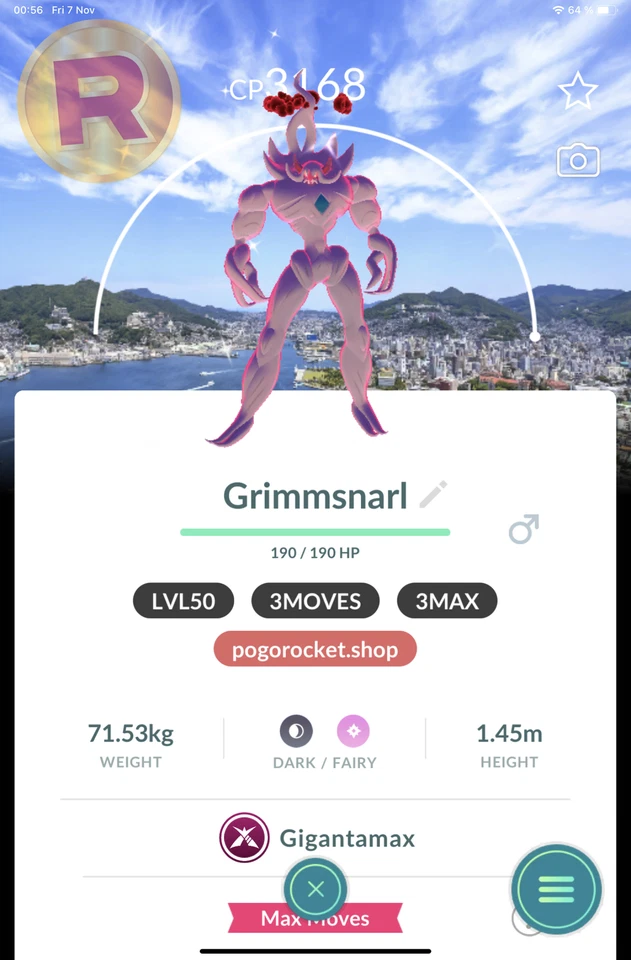 Shiny Gmax Grimmsnarl LVL50 3MOVES 3MAX Nagasaki Background Wild Area 2025 Lo...