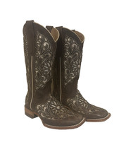 REYWELT WOMENS BROWN EMBROIDERED WESTERN COWGIRL BOOTS LEATHER SQUARE TOE FLORAL