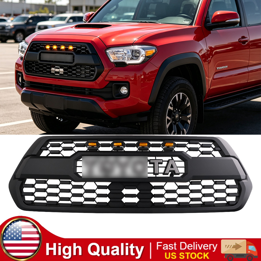 Front Bumper Grille Black Mesh Grill w/4 LED Lights For 2016-2023 Tacoma SR SR5