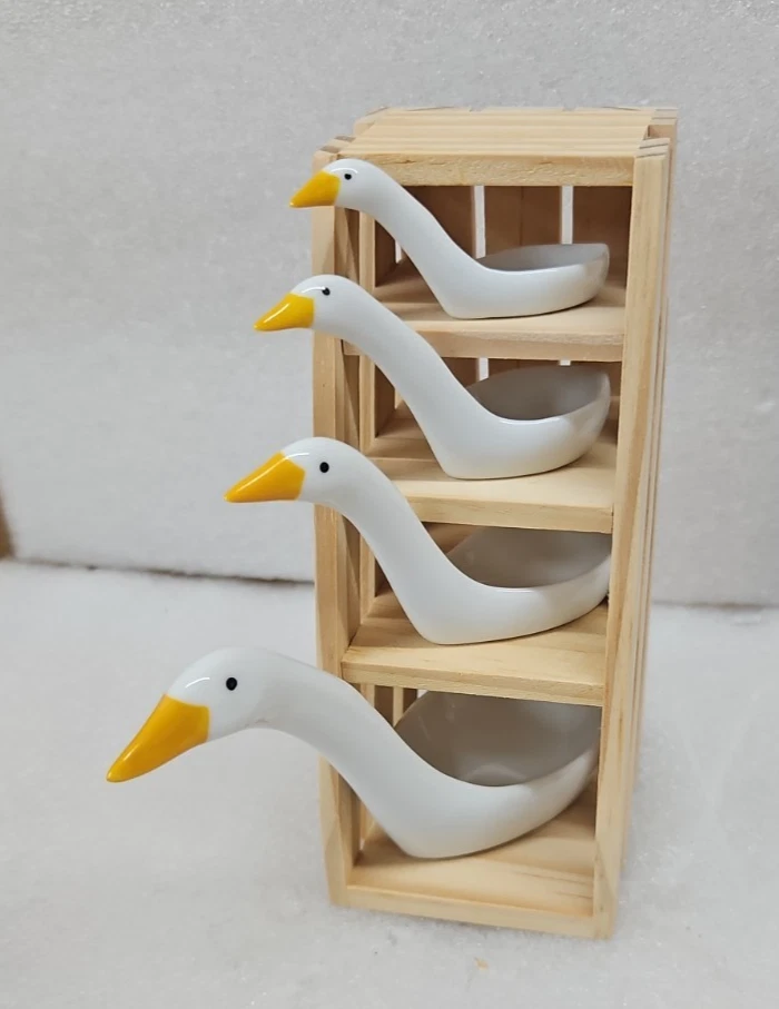 Avon Geese Measuring Spoons With Wood Stand 1980s NEW Old Stock Ceramic, Vintage