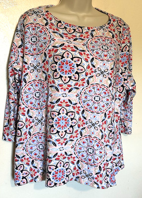 Croft & Barrow Red Blue  White & Pink Floral 3/4 Sleeve Top Size XXL