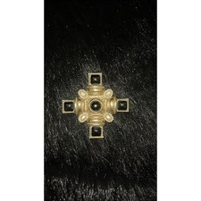 Vintage Gold Tone Maltese Cross Brooch Black Cabochon Faux Pearl Statement Pin