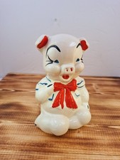 Vintage American Bisque Pottery Ceramic PORCELAIN Pig Piggy Bank RED Bow tie