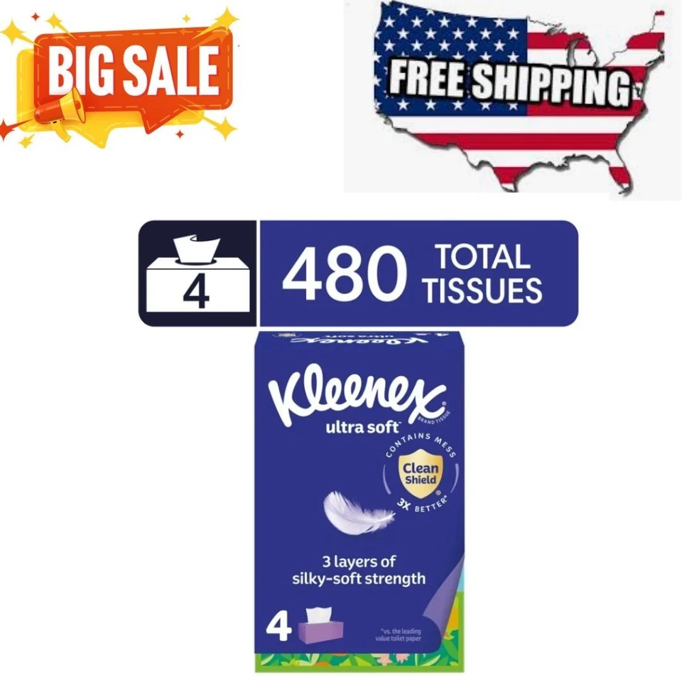 Kleenex Ultra Soft Facial Tissues, 4 Flat Boxes, 120 Tissues per Box, 3-Ply