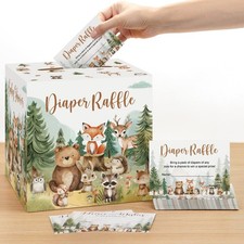 Woodland Baby Shower Diaper Raffle Box with 50 Tickets Cards Green