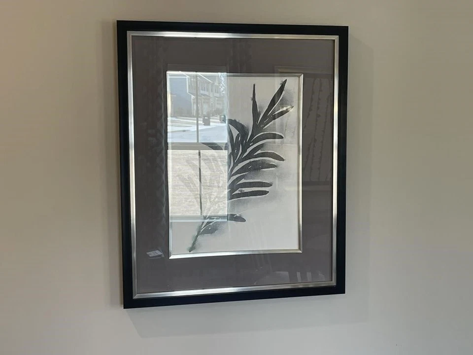 Totalmente aposentado 2 folhas de eucalipto estampas em tecido cinza fosco moldura preta - Imagem 4 de 4