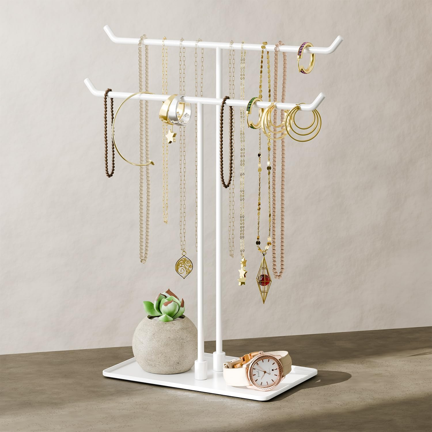 White Metal Necklace Stand Organizer for Home Aesthetic Jewelry Display-image