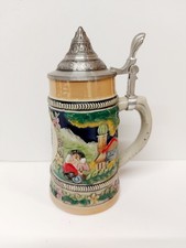 Small Beer Stein Tankard Austria Hand Painted with Pewter Lid Vintage
