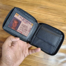 Premium Leather Mens Bifold Wallet ID Badge Front Pocket Zip Around