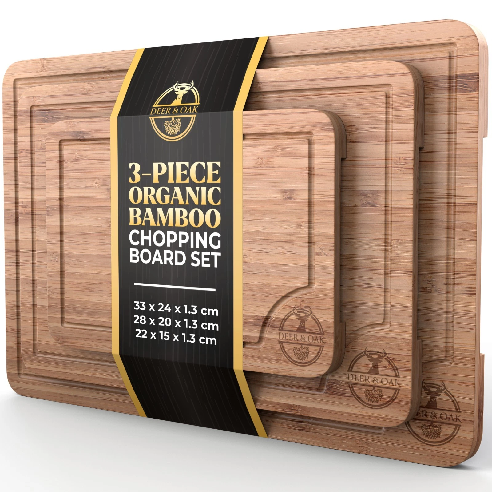Deer & Oak Bamboo Chopping Board Set 3pcs Pre-Oiled Cutting Boards w/ Handle UK
Opens in a new windo