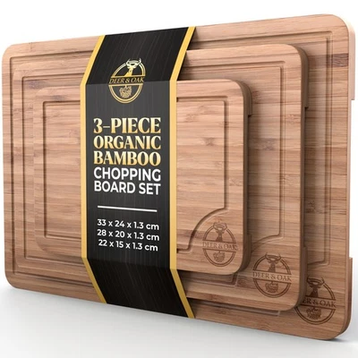 Deer & Oak Bamboo Chopping Board Set 3pcs Pre-Oiled Cutting Boards w/ Handle UK
