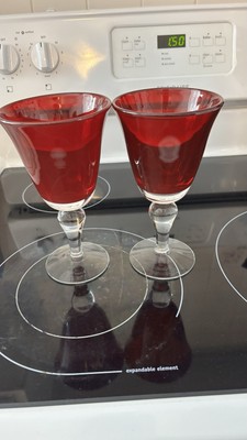 2 Ruby Red 11oz Crystal Wine Glasses Clear Stems 7.75'' Tall Vintage