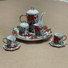 A Cup of Christmas Tea Tea Pot, Cup & Saucer, Sugar & Cream Set on Plate MINI