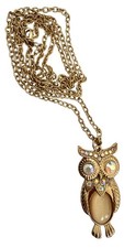 Gold Tone Owl Pendant Necklace Aurora Borealis Rhinestones Cabochon 24