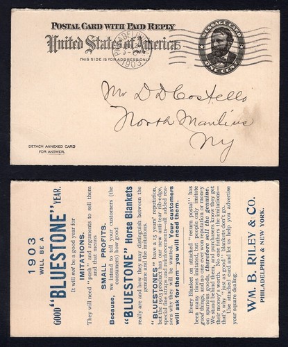 USA Philadelphia 1903 Reply Postal Card. Bluestone Horse Blankets ADVERTISING