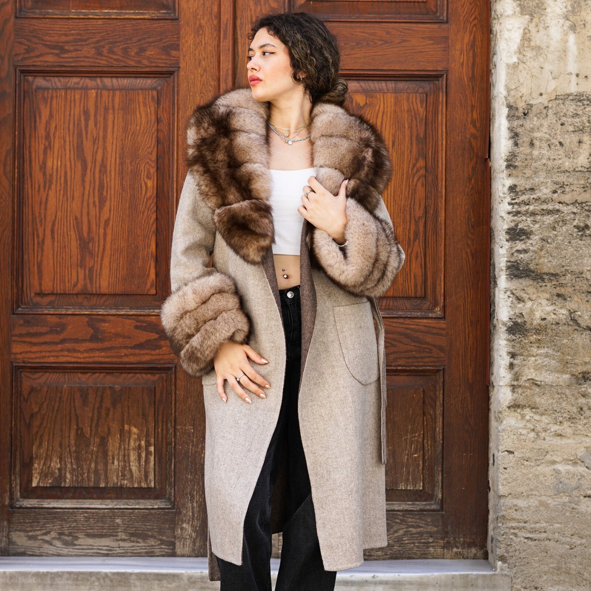 Beige Long Alpaca Coat with Fox Fur Trim - Women's Luxury Winter