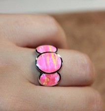 pink inlaid fire opal ring gems silver plate jewelry cocktail engagement casual